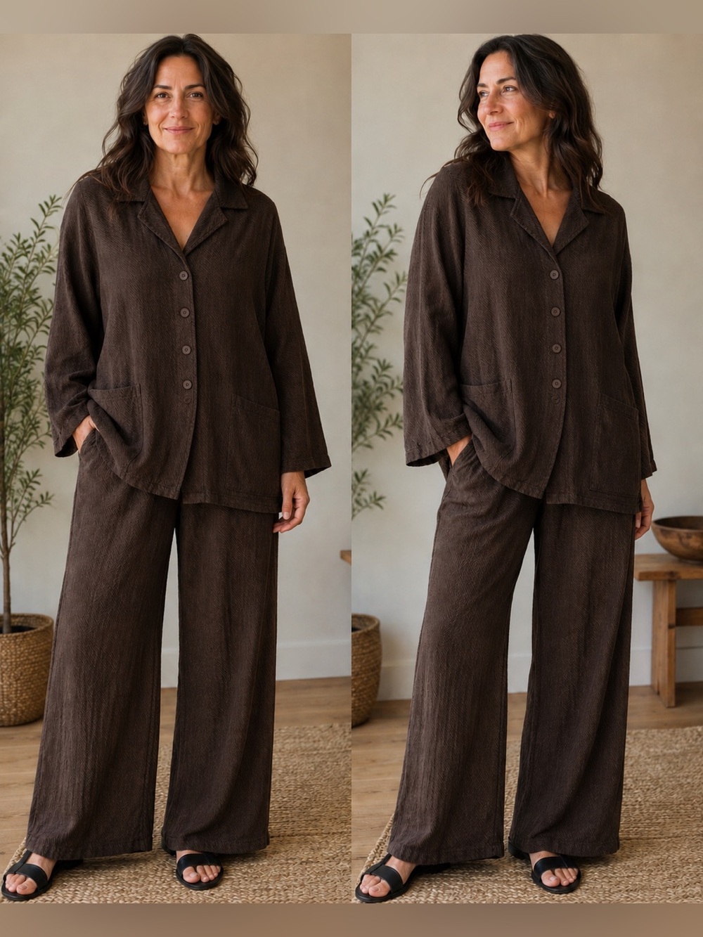 FLAX 100% Linen 2 Piece Lagenlook Pant Set Textured Striped Wide Leg Size Large
